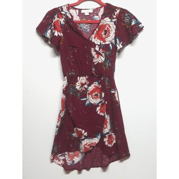 Band of Gypsies Wrap Dress XS Burgundy floral bouquet Keyhole back pockets hi-lo - Picture 12 of 12